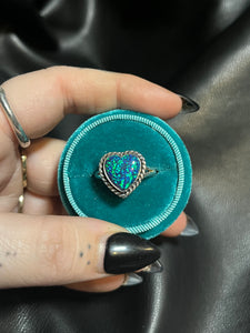 Blue Opal Heart Twisted Rope Sterling Silver Ring
