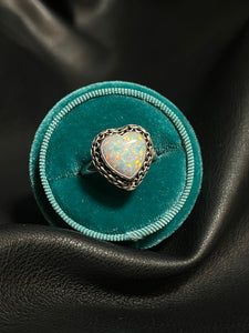 Opal Bike Chain Heart Sterling Silver Ring
